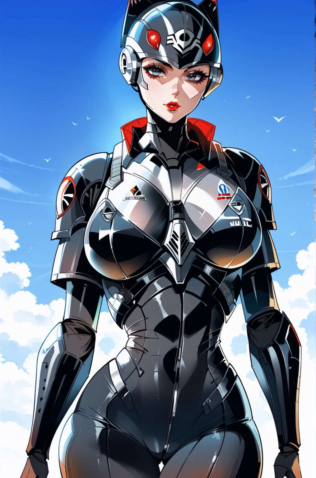 (  top quality  ), (Overall view), Female Robocop,   Huagai with a cool and charming face ,RoboCop Armor    ,  RoboCop helmet  ,    beautiful and sexy young woman , 18 years old,    toned musculature   , Cool and charming    ,  sharp eye, Big Breasted 