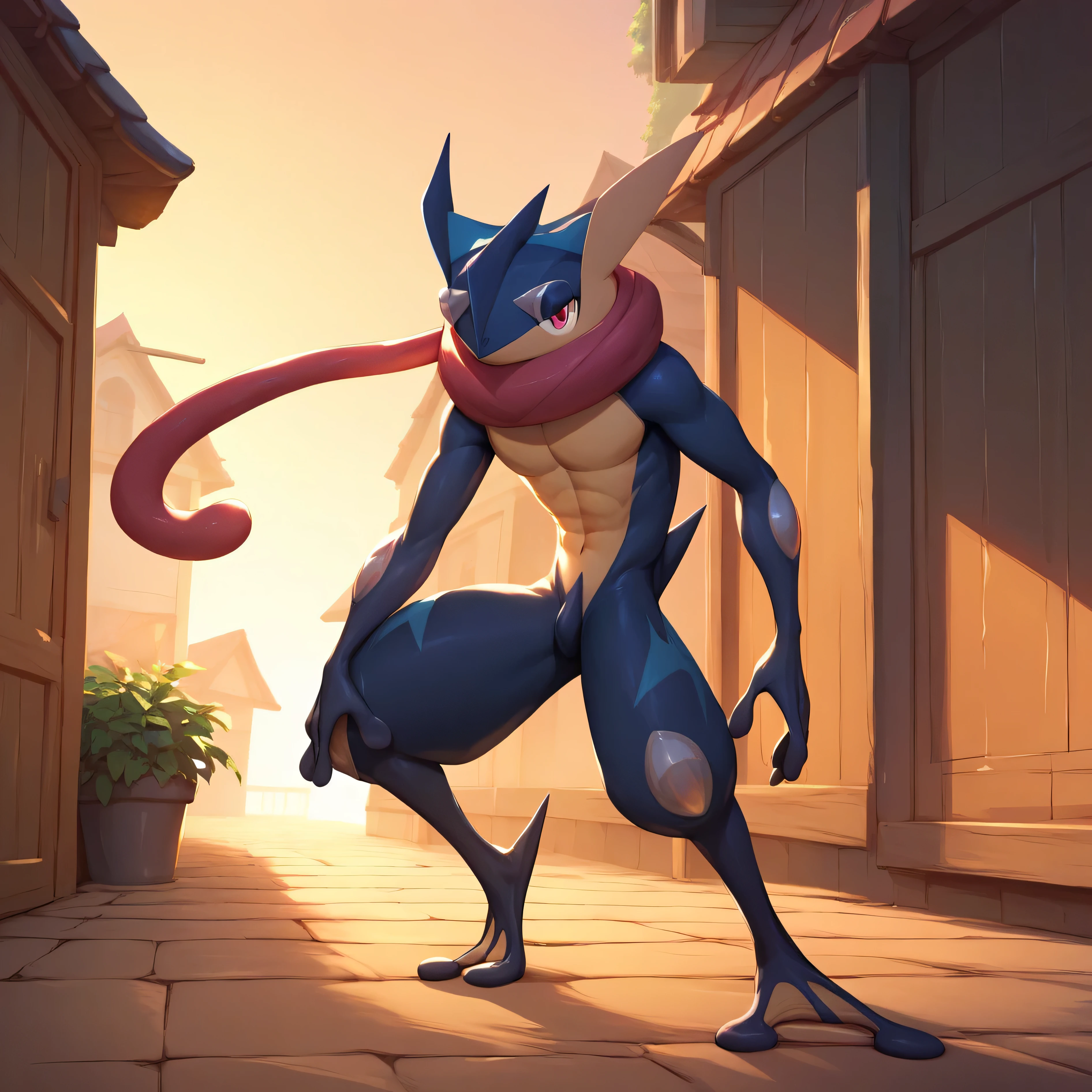 masterpiece:1.2, best quality, (highly detailed), score_9, score_8_up, score_7_up, full body shot, greninja_default, (black skin), no visible clothes, naked, in front of house, 1boy,