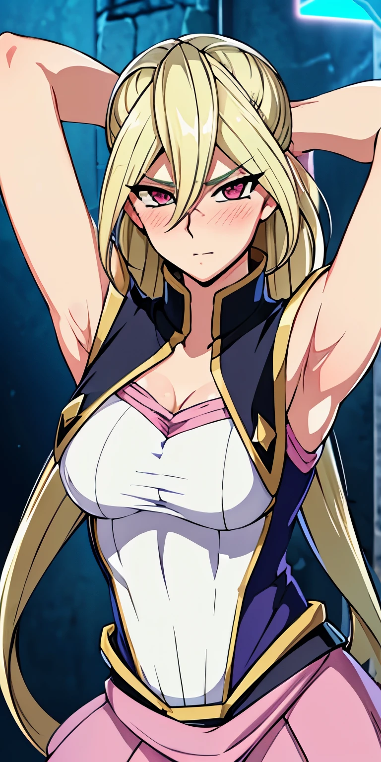 1 Female,High definition,high resolution,Ultra-realistic,8K, Gloria Tyler, blonde hair, pink eyes,serious, long hair, large breasts,sleeveless,pink skirt, (ruins),blush,tight skirt, miniskirt, large breasts,European,sexy,Upper body close-up,Photographed from the front,Dynamic Angles,(blush), (medium tits) ,(arms behind head)