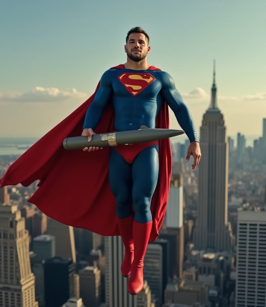 a buff man in a superman costume (think movie version of Superman-black undercut, blue tights and red cape and red boots and red briefs) holds a small, A flying Superman cradling a nuclear missile that has reached the atmosphere far above New York..、correct the trajectory、expel into space。, full body photo