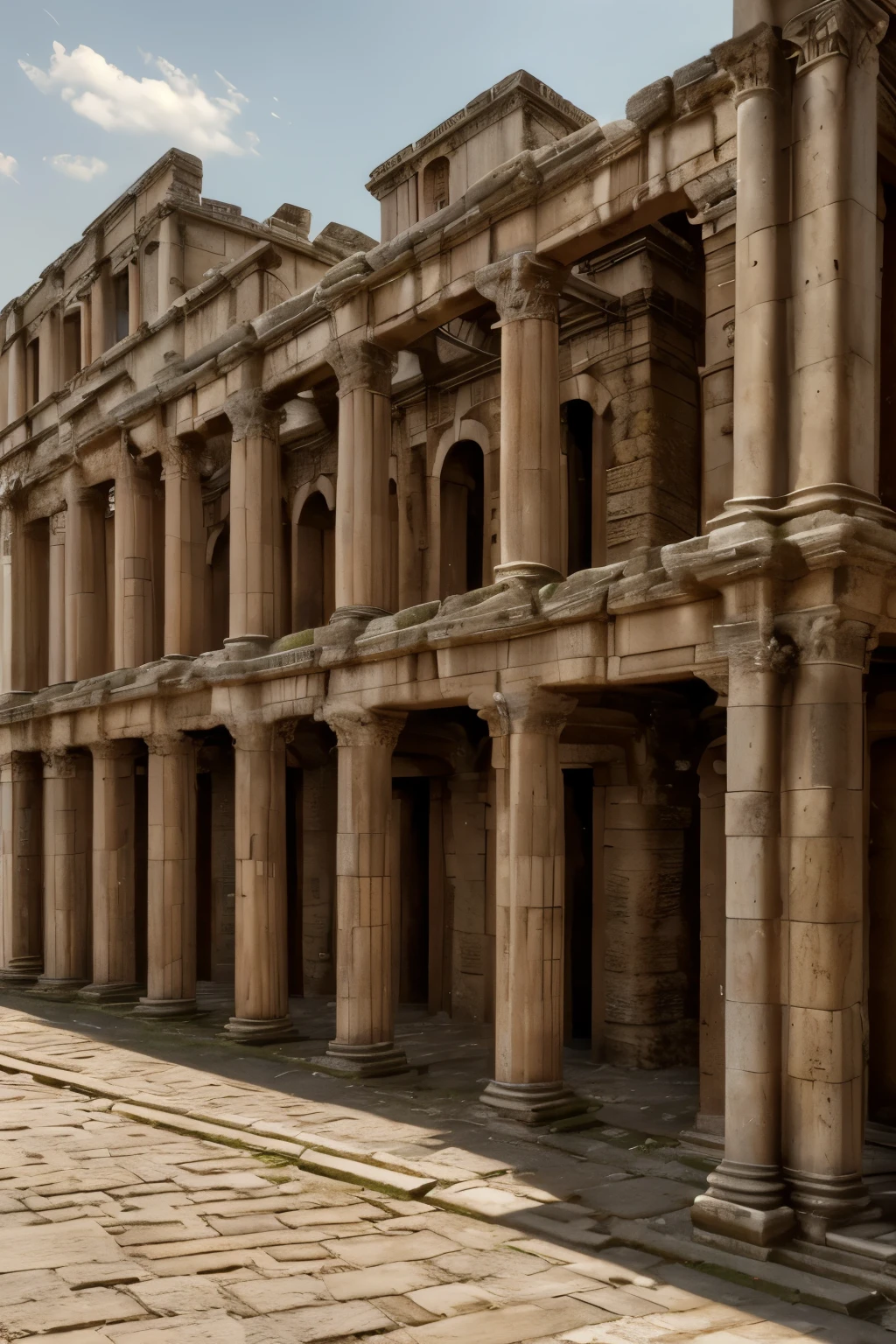 A detailed, photorealistic depiction of the ancient Roman city of Londinium, with weathered and aged architectural elements that evoke the grandeur of the Roman Empire. The scene should feature intricate stonework, cobblestone streets, towering columns, and a sense of historical decay and timelessness.

(best quality,4k,8k,highres,masterpiece:1.2),ultra-detailed,(realistic,photorealistic,photo-realistic:1.37),ancient Roman city,Londinium,Roman Empire,aged architecture,weathered stone,cobblestone streets,towering columns,historical decay,timeless,intricate stonework,cinematic lighting,warm color tones,dramatic shadows