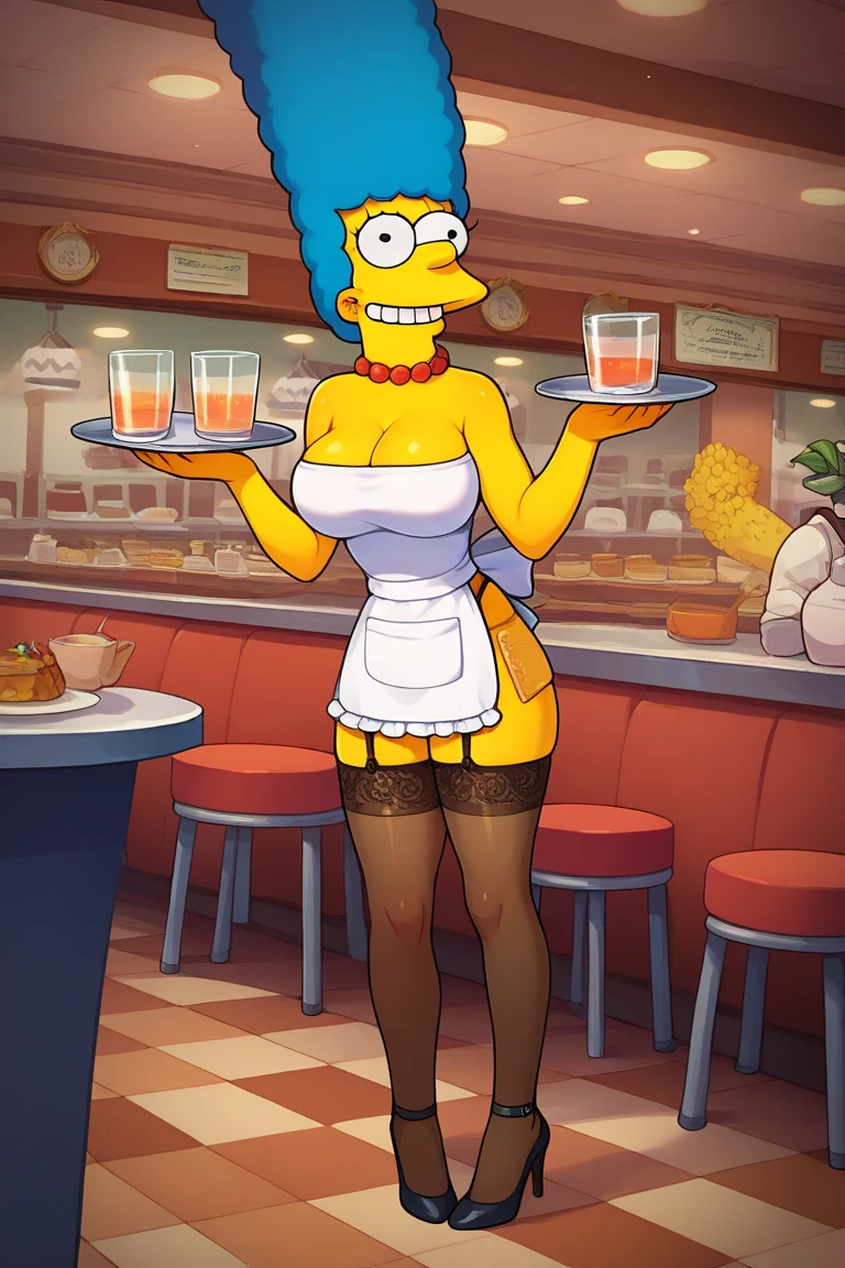  Marge Simpson smiling with a super sexy body (( big breasts))  with a waitress wearing a flirty uniform consisting of a short black and white dress ,  with lace details at the bottom of the skirt and a small decorative apron at the waist . ,  wears high heels  ,  thigh-high stockings,  and holding a tray of drinks .  The scene takes place in an elegant restaurant or cafeteria , with tables and chairs in the background ,  highlighting the playful and seductive aesthetic of the outfit while maintaining an air of service and charm.