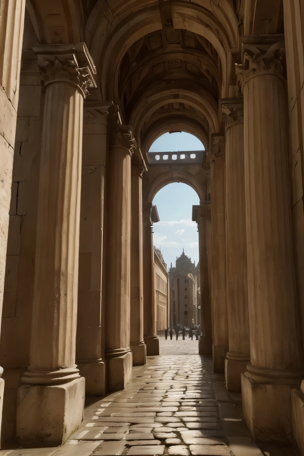 A detailed, photorealistic depiction of the ancient Roman city of Londinium, with weathered and aged architectural elements that evoke the grandeur of the Roman Empire. The scene should feature intricate stonework, cobblestone streets, towering columns, and a sense of historical decay and timelessness.

(best quality,4k,8k,highres,masterpiece:1.2),ultra-detailed,(realistic,photorealistic,photo-realistic:1.37),ancient Roman city,Londinium,Roman Empire,aged architecture,weathered stone,cobblestone streets,towering columns,historical decay,timeless,intricate stonework,cinematic lighting,warm color tones,dramatic shadows