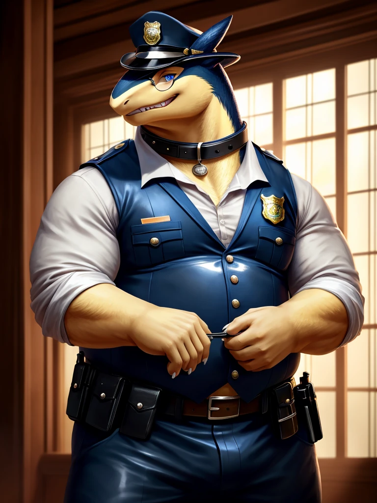 Solo, Male, fat, squatting, extremely obese, gentleman, dapper Typhlosion, blue eyes, (soft shading), 4k, hi res, ((detailed face, detailed)), looking at viewer, evil grin, police station, collared shirt with buttons, hat, male focus, Police Uniform, glasses, monocle, vest with buttons, sleeves rolled up, round eyewear, headwear, vest, Typhlosion is wearing a glossy leather dog collar around the neck, Typhlosion is wearing the leather collar and shirt and vest at the same time, Typhlosion is wearing glossy white rubber gloves on the hands, wearing white rubber gloves on the feet, gloves are rubber in texture, clenching teeth, clenching fists, leather collar is glossy and shiny with a lot of detail, Typhlosion is wearing gloves and leather collar at the same time, leather collar has a round dog-tag, leather collar is thick and detailed, white rubber gloves on the feet.