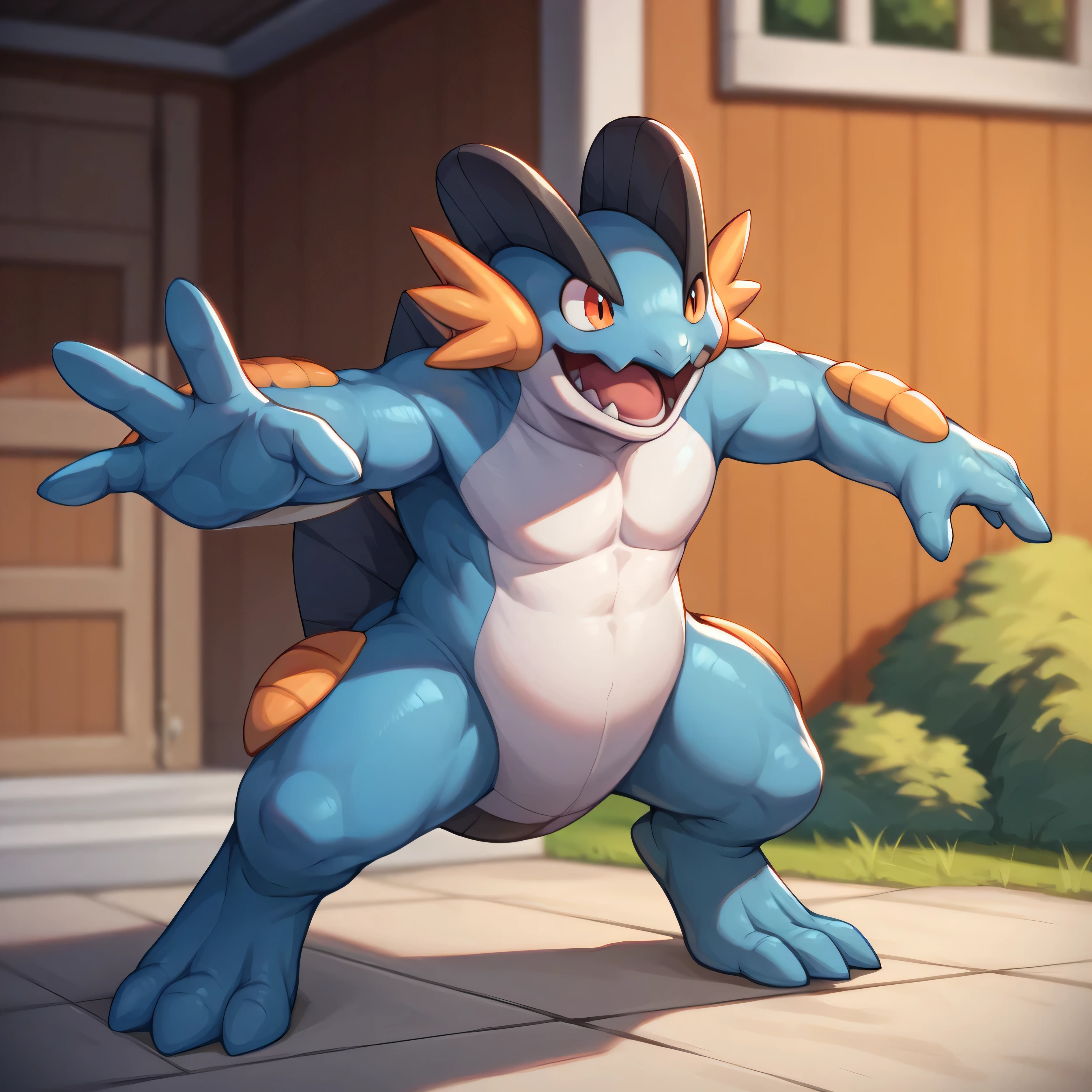 masterpiece:1.2, best quality, (highly detailed), score_9, score_8_up, score_7_up, full body shot, in house, 1boy, Swampert, orange eyes, fins, Pokemon (creature), dynamic pose, laughing,