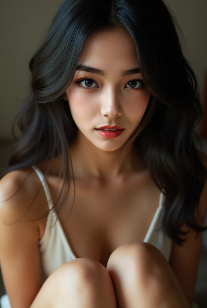 naked Korean female of  with smoky eye makeup smiles wearing romper with plunging neckline
