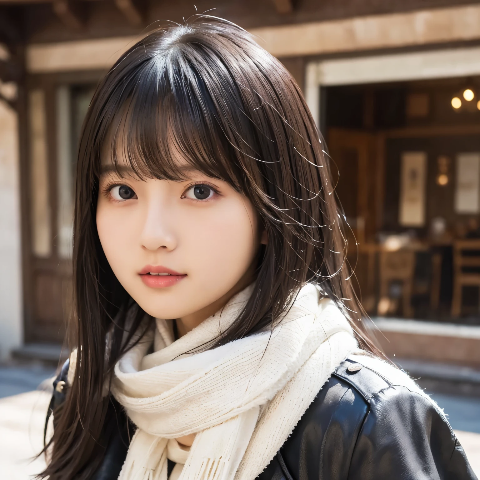 girl, busty, Town, black hair, straight hair, with bangs,oversized white scarf, Highest Masterpieces, professional lighting, no makeup, puff up cheeks