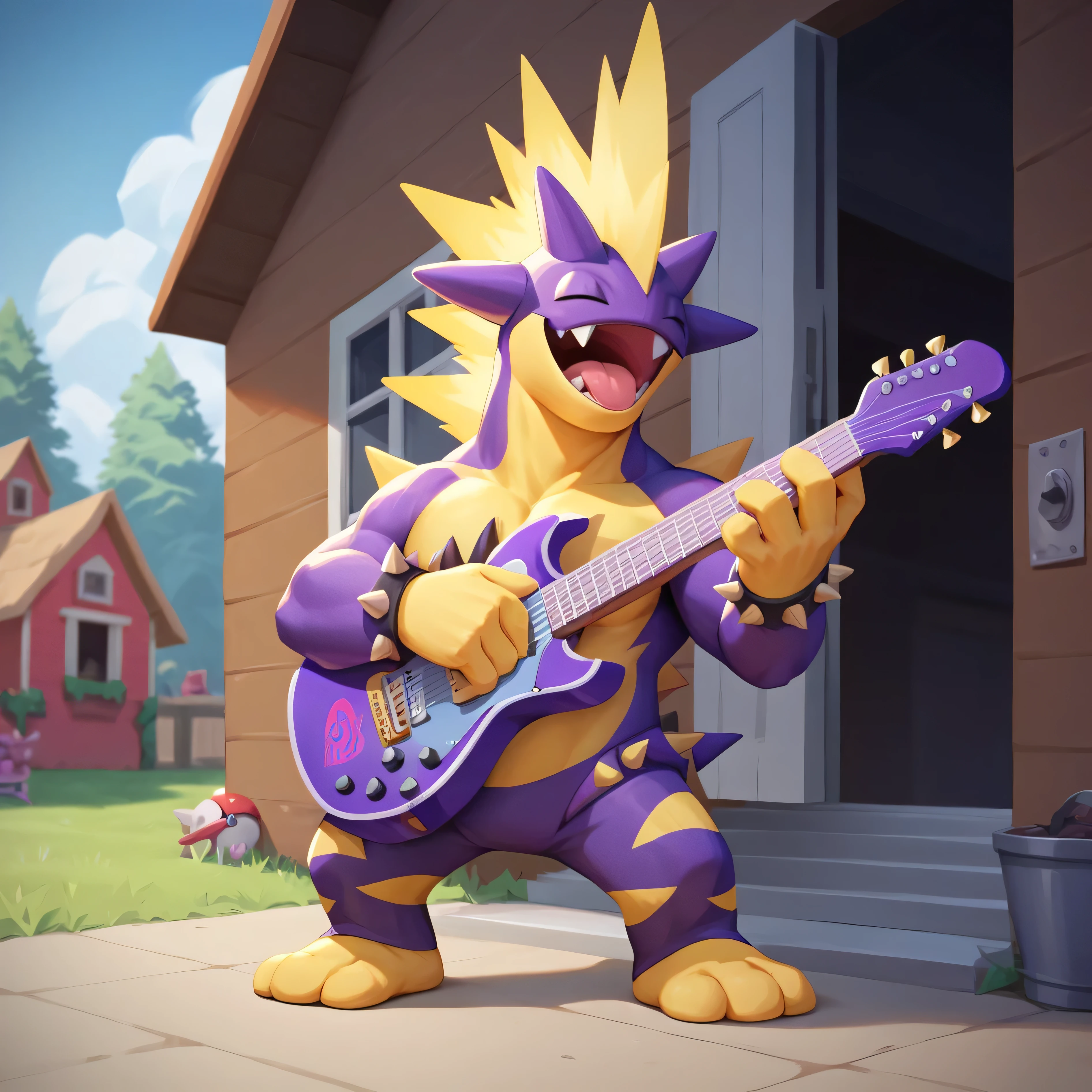 masterpiece:1.2, best quality, (highly detailed), score_9, score_8_up, score_7_up, full body shot, in house, 1boy, Tox_amped, purple and yellow skin, yellow spikes, spikes, Pokemon (creature), strumming electric guitar, laughing,