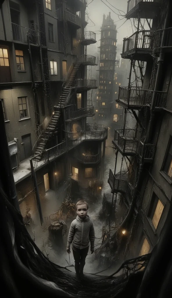 a young boy steps outside and looks up, surrounding him is a tangled city of stairways, pipes and catwalks leading in impossible angles, curves and lines in all directions, rising up in a dark webwork connecting many towering buildings, thousands of doorways and hallways, a massive vertical and horizontal maze above and all around him, evoking imagery in the style of M.C.Escher and Terry GIlliam, photorealistic, best quality, atmospheric, a masterpiece, epic, stunning, dramatic 3D Game Cinematic Feel, Epic 3D Videogame Graphics, Intricately Detailed, 8K Resolution, Dynamic Lighting, Unreal Engine 5, CryEngine, Trending on ArtStation, HDR, 3D Masterpiece, Unity Render, Perfect Composition