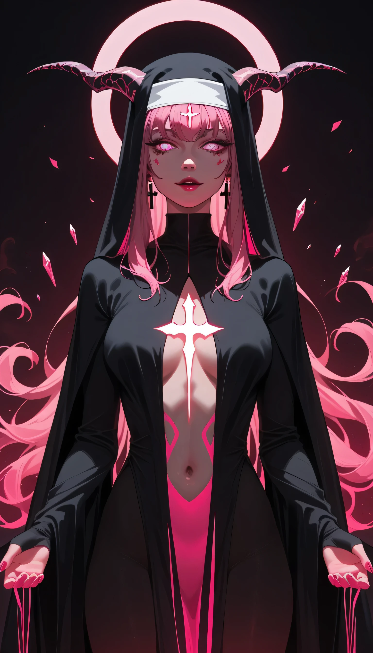 (limited palette:neon pink and violet ),sexy nun, black android woman, large bare chested, devil horns \(large\), highly detailed, dmt, witch, geodes, glowing eyes, light flowing ,fire flowing glowing water, crystals, metal,