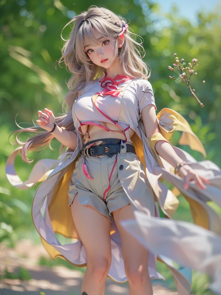 masterpiece, best quality, high quality, High definition, High quality texture, High quality shadow, high detail, beautiful detailed, finely detailed, extremely detailed cg, detailed texture, a realistic representation of the face, realistic, colorful, delicate, sharp focus, (intricate details, makeup, PureErosFace_V1:0.5), (detailed beautiful delicate face, detailed beautiful delicate eyes, a face of perfect proportion, high detailed skin, detailed skin, best ratio four finger and one thumb, skiny and thin:1.3), 1girl, 17 years old, tall, (smooth_abs:1.55), (abs:0.5), pretty, masterpiece, highres, (long_skinny_legs), (straight_legs), (skinny_waist), (((fair skin))), white skin, (((pale skin))), pink sports Bandeau, (school_uniform:swim_suits:0.5), white shorts, standing legs apart, looking at viewer, pink sports shoes, glasses, (Emma_watson), big_breast, (((Caucasian))), Light blonde hair, pink and white, sakura leaves