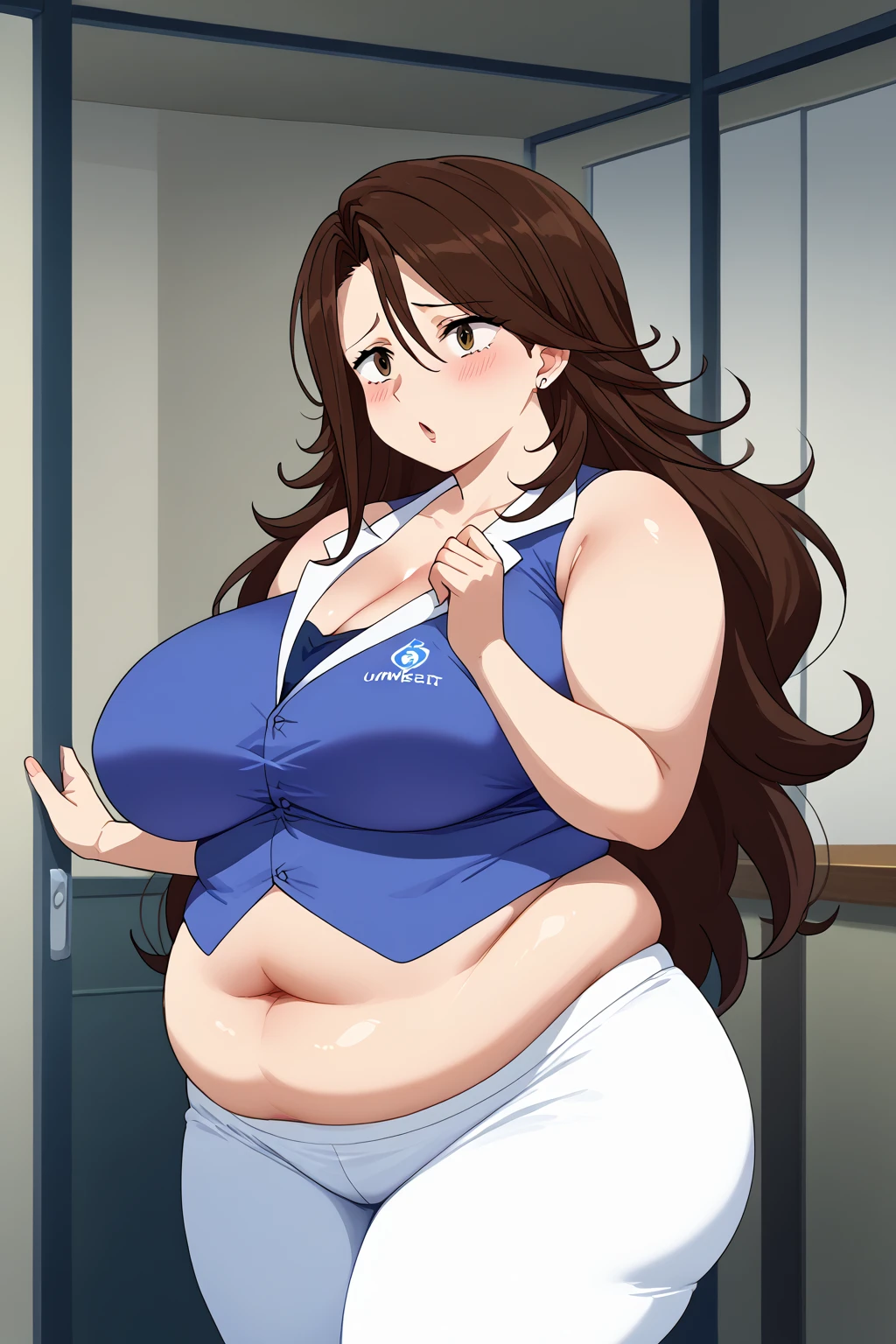  Sumeragi Lee Noriega ,  Sumeragi Lee Noriega ,blue shirt, sleeveless ,White trousers,Exposed navel,Obese middle-aged woman, troubled expression, embarrassing expression ,milf, chubby, king bang , score_9,  score_8_ up、 score_7_ up、 score_6_ up、 score_5_ up、 score_4_ up、 masterpieces at the front door of the house、 top quality , very aesthetic,  absurd、 Source_ anime anime screencap,  one woman、Alone、 personal  、 brown eyes、 brown hair 、 long hair、Super huge breasts,  super huge clevis、Super huge, Super huge boob,Curvy、 wide hips、