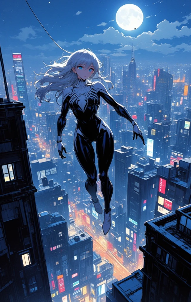 (best quality, masterpiece), official art, illustration, ligne claire, highres, absurdres, ultra-detailed, 8k, cel shading, 1girl, Ghostspider, Gwen Stacy,, City, high res, ultrasharp, 8K, masterpiece,1 girl, full body, vibrant, posing,  dynamic, background, elements, confident, expression, majestic, cover