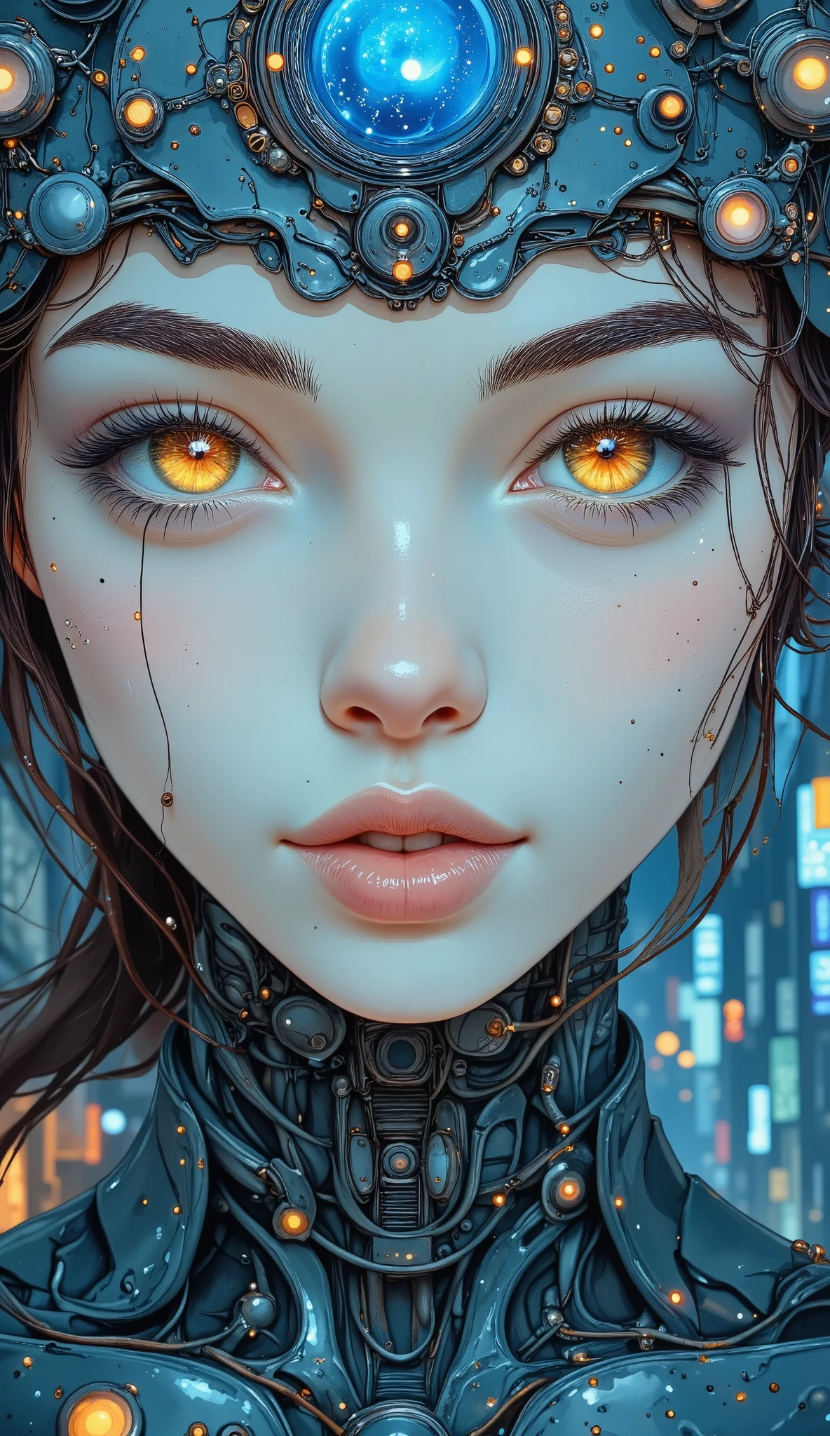 (( surrealism )),top quality, PIEL BLANCA, Real human skin, ( Detailed ), oval face, Half,  Ultra high definition , (8K,  RAW Photography, Subrealism: 1.4), A girl, delgado, ( Soft and divine eyes ) happiness: 1.2), {( lip gloss ,  tabs , Bright Cara, ( in the background surreal buildings , por la noche, darkness, meaningless objects ,  strange robotic machines as if they were from another world,  bioluminescent animals from another world : 1.3) },( many beautiful colors ),  best quality,  Ultra high definition , Wide lighting, Natural shade)