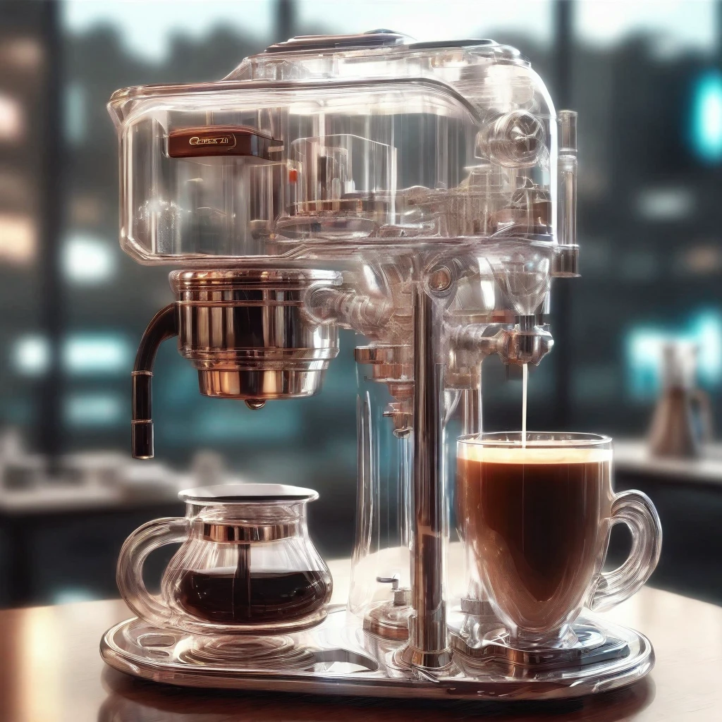 glasstech,scifi,  transparent  ,coffee machine , detailed background