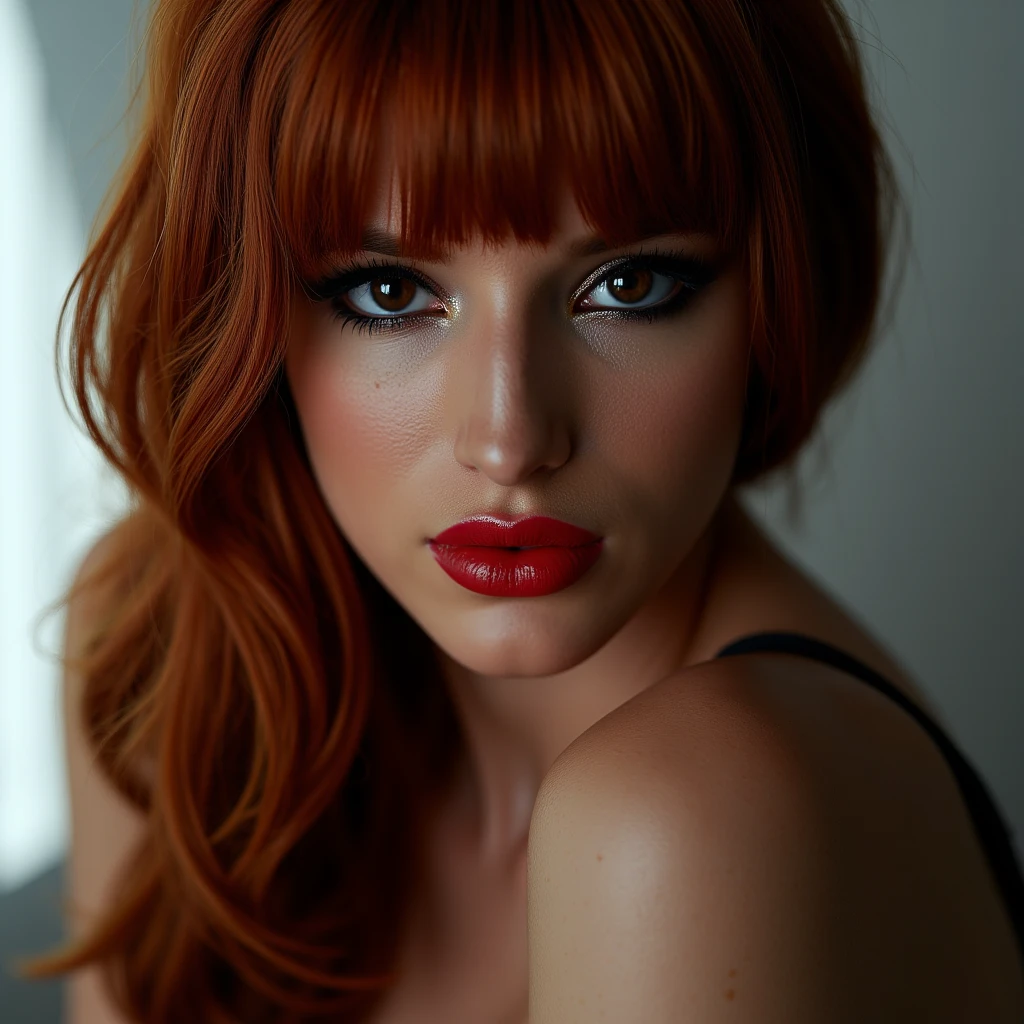 A beautiful, sexy girl with dark red hair, close-up portrait of her pretty face, captivating red lip gloss, dramatic eyeliner flicks, wearing a sexy latex neck-entry catsuit, (best quality, 4k, 8k, highres, masterpiece:1.2), ultra-detailed, (realistic, photorealistic, photo-realistic:1.37), HDR, UHD, studio lighting, ultra-fine painting, sharp focus, physically-based rendering, extreme detail description, professional, vivid colors, bokeh, portrait, realism, realistic