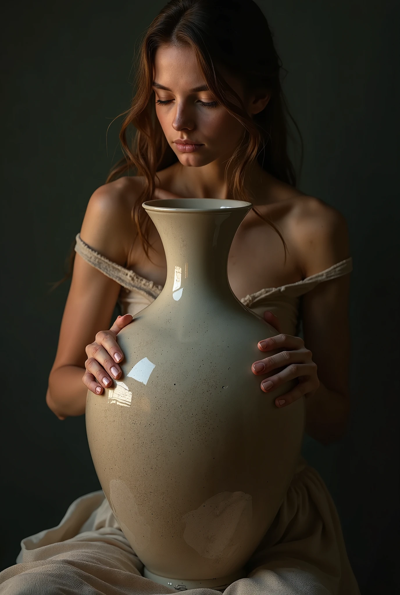 a beautiful young girl embracing a large, beautiful vase, exquisite fingers, nipples and genitals completely hidden behind the vase, conceptart, (best quality,4k,8k,highres,masterpiece:1.2),ultra-detailed,(realistic,photorealistic,photo-realistic:1.37),dark moody lighting,cinematic composition,dramatic chiaroscuro,muted color palette,highly detailed female form,elegant flowing pose,delicate feminine features,vulnerable expression,tactile ceramic texture,intricate decorative vase,dramatic lighting and shadows,atmospheric environment,ethereal mood,thoughtful contemplative character