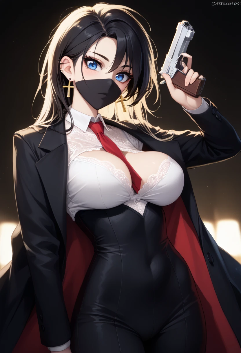 1girl, solo, masterpiece, best quality, long black hair, piercing blue eyes, white blouse, red tie, black suit coat, long sleeves, holding a pistol in her hand, messy blonde hair, blushing, ninja mask XL, cross earrings, light makeup, beautiful girl, round breasts
