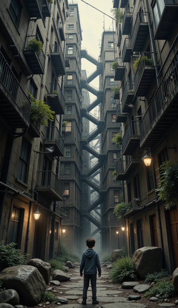 a young boy steps outside and looks up, surrounding him is a tangled city of stairways, pipes and catwalks leading in impossible angles, curves and lines in all directions, rising up in a dark webwork connecting many towering buildings, thousands of doorways and hallways, a massive vertical and horizontal maze above and all around him, evoking imagery in the style of M.C.Escher and Terry GIlliam, photorealistic, best quality, atmospheric, a masterpiece, epic, stunning, dramatic 3D Game Cinematic Feel, Epic 3D Videogame Graphics, Intricately Detailed, 8K Resolution, Dynamic Lighting, Unreal Engine 5, CryEngine, Trending on ArtStation, HDR, 3D Masterpiece, Unity Render, Perfect Composition