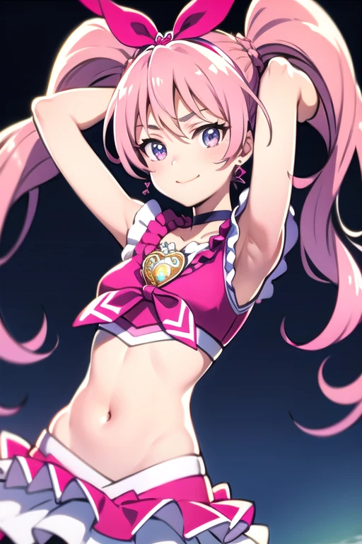 Cure Melody, belly button,  pink hair bow :1.2,  hair band ,  pink knee-highs,  Pink Shoes , Wrist Cuff ,  twin tails, gem, frills,  anime coloring ,  top quality ,   Watch Viewers , Alone,   opposed,  widen your armpits,  puts her arms behind her head,  putting hands on the lower back , smile,  Watch Viewers ,  Portrait,   closed mouth , Night Sky,  Beach ,  upper body,