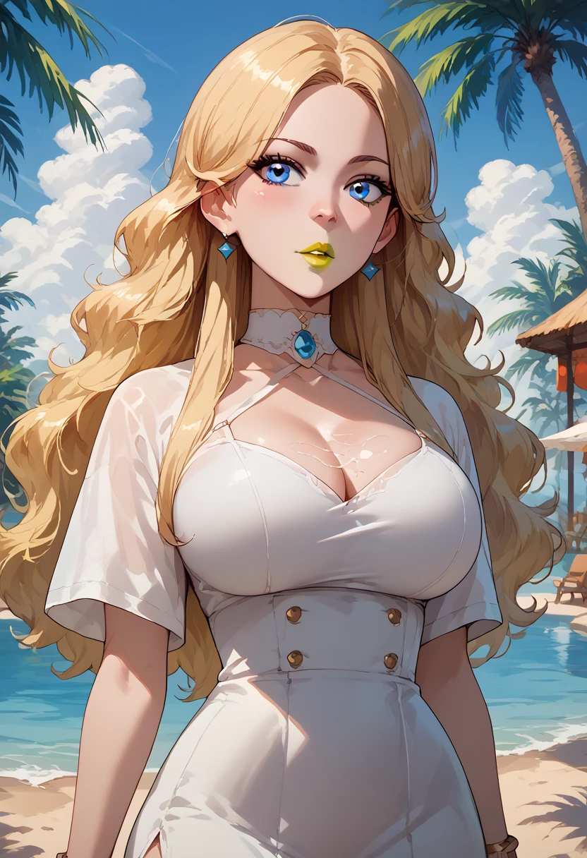 woman, blue eyes, white skin, blonde hair, yellow lipstick, big breasts, anime style, thin waist