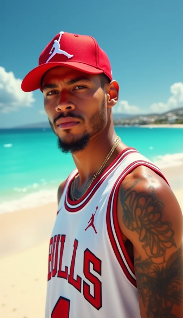 Make a 25 year old man out of 1.70 tall with an athletic physique with strong arms and defined chest. , entire left arm with Samoan tattoos , with long light brown hair with a protagonist smile , black pants and red tennis shoes , in the background quenesta walking in the rain on the santa monica pier route 66 loose hair