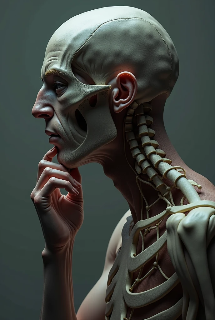 Headless man, com seu cerebro sobre a mesa. Olhando para ele
