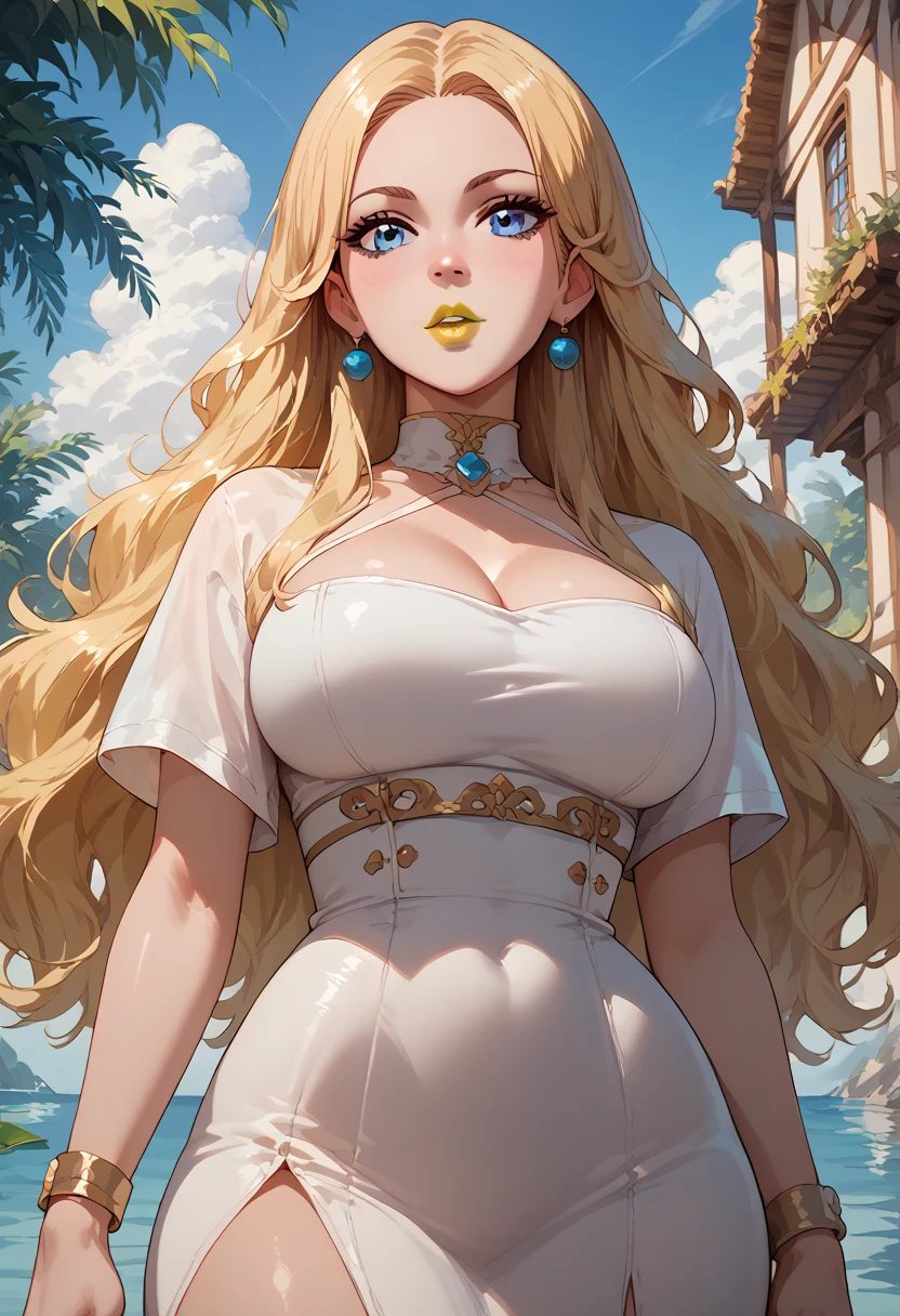 woman, blue eyes, white skin, blonde hair, yellow lipstick, big breasts, anime style, thin waist