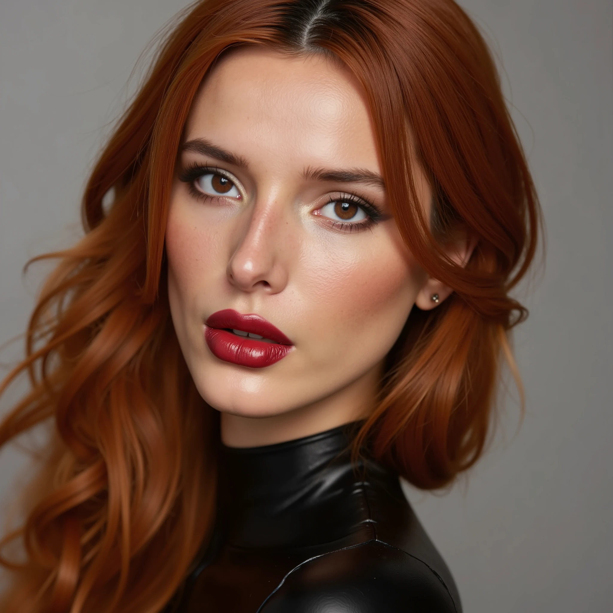 A beautiful, sexy girl with dark red hair, close-up portrait of her pretty face, captivating red lip gloss, dramatic eyeliner flicks, wearing a sexy latex neck-entry catsuit, (best quality, 4k, 8k, highres, masterpiece:1.2), ultra-detailed, (realistic, photorealistic, photo-realistic:1.37), HDR, UHD, studio lighting, ultra-fine painting, sharp focus, physically-based rendering, extreme detail description, professional, vivid colors, bokeh, portrait, realism, realistic