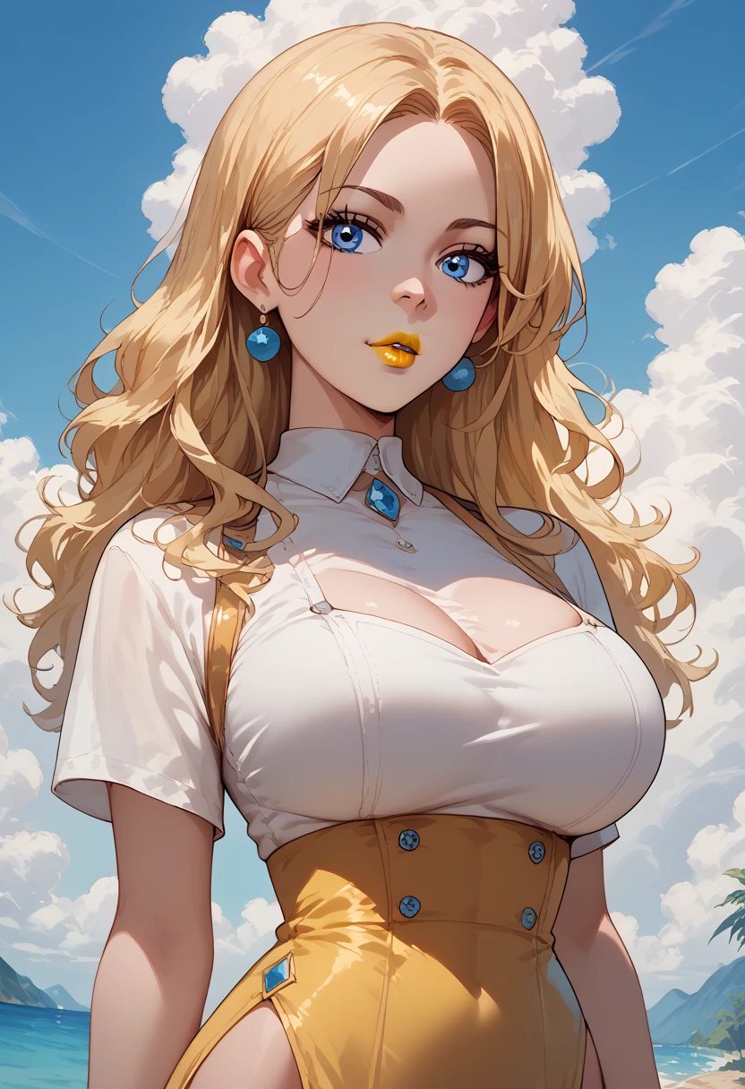 woman, blue eyes, white skin, blonde hair, yellow lipstick, big breasts, anime style, thin waist