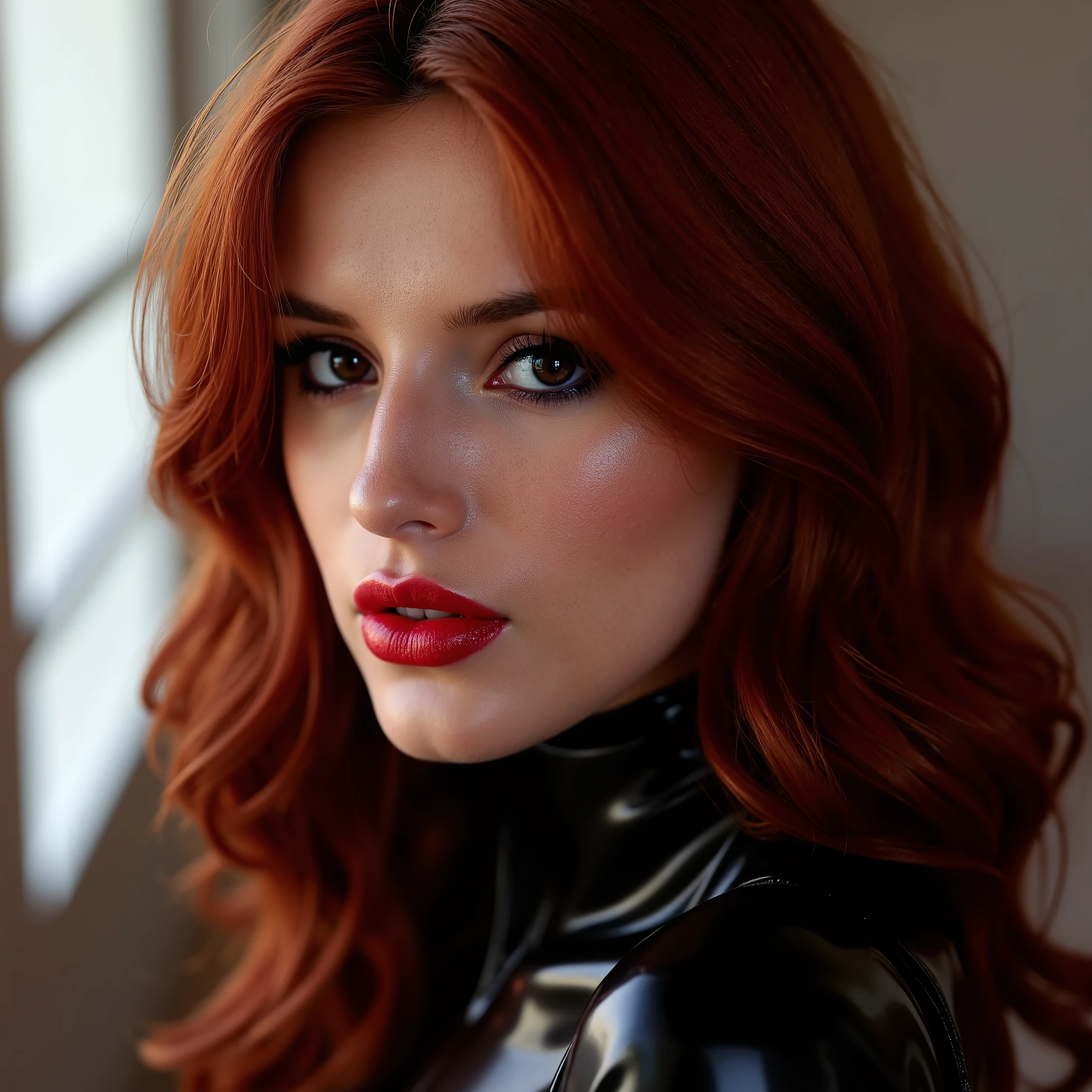 A beautiful, sexy girl with dark red hair, close-up portrait of her pretty face, captivating red lip gloss, dramatic eyeliner flicks, wearing a sexy latex neck-entry catsuit, (best quality, 4k, 8k, highres, masterpiece:1.2), ultra-detailed, (realistic, photorealistic, photo-realistic:1.37), HDR, UHD, studio lighting, ultra-fine painting, sharp focus, physically-based rendering, extreme detail description, professional, vivid colors, bokeh, portrait, realism, realistic