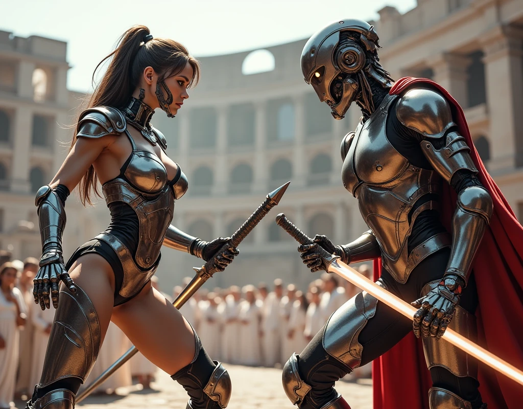 a sexy female cyborg gladiator fighting an armored robot gladiator in the ancient Roman Colosseum, two gladiators standing off with swords drawn, ancient Roman spectators, large glowing swords, intricate armor, complex metallic body parts, dynamic motion blur, ancient Romans in white togas watching, the pinnacle of sci-fi sword and sorcery action film, photorealistic, concept art, the robot wears the gladiator's helmet