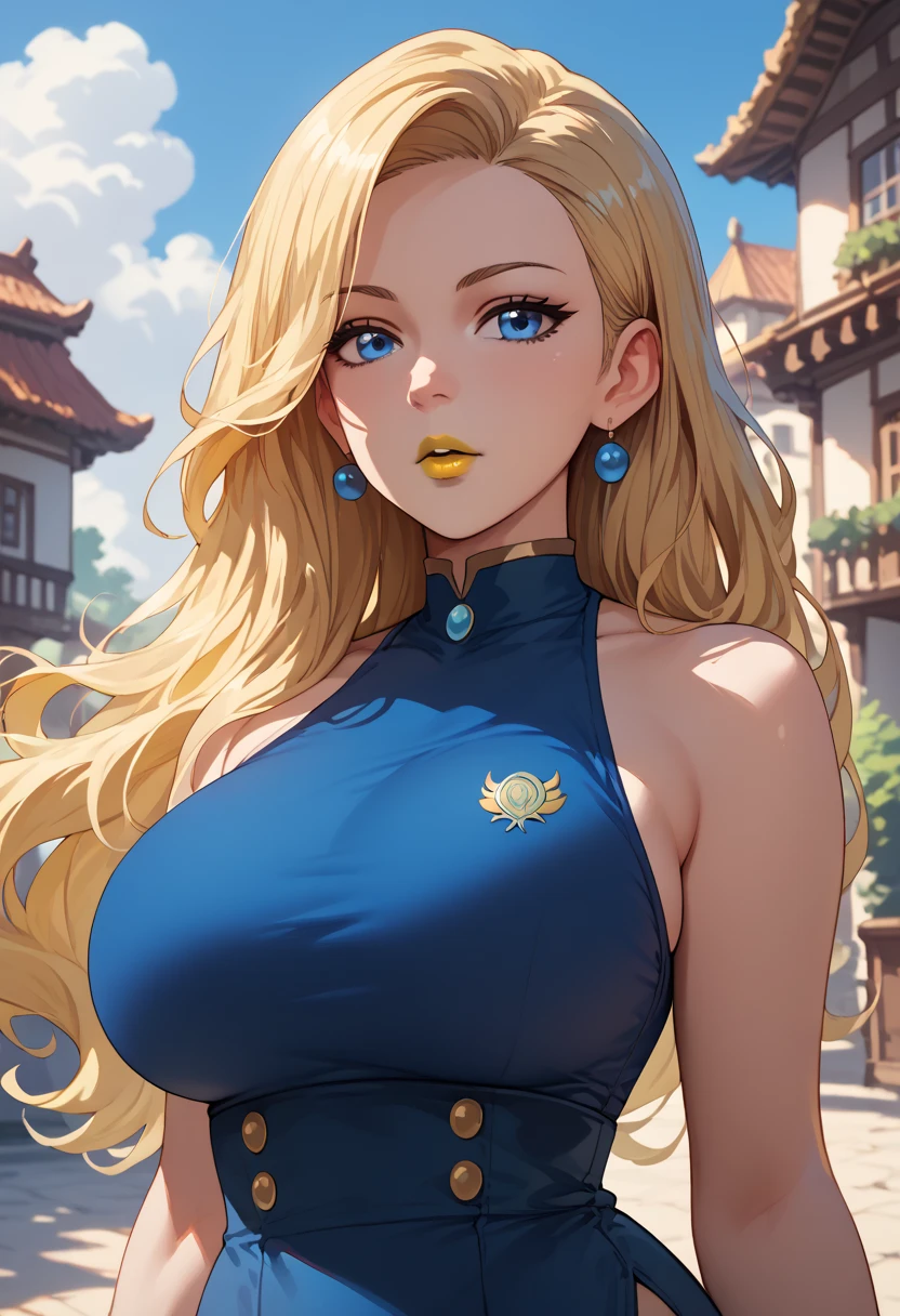 woman, blue eyes, white skin, blonde hair, yellow lipstick, big breasts, anime style, thin waist, blue clothes