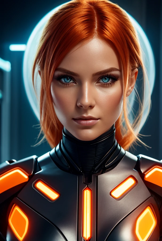 (best quality, masterpiece, beautiful and aesthetic:1.2, colorful, dynamic angle), (full body:1.6), ((Full shot)), (highly detailed illustration), science fiction, extreme detailed, colorful, 35mm, bokeh, 9:16, (intricate details, hyperdetailed:1.15), detailed, sunlight passing through hair (high contrast, official art, extreme detailed, highest detailed), 1girl, solo, realistic, blue eyes, (looking at viewer:1.2), lips, red hair, parted lips, short hair, (full body:1.3), blurry, nose, bangs, orange hair, indoors, blunt bangs, green eyes, blurry background, portrait, (OverallDetail:1.2), futuristic science fiction, (a very light armor:1.2), transparent in the chest area, breasts transparent, (topless:1.3), thin waist, wide hips, toned abs,