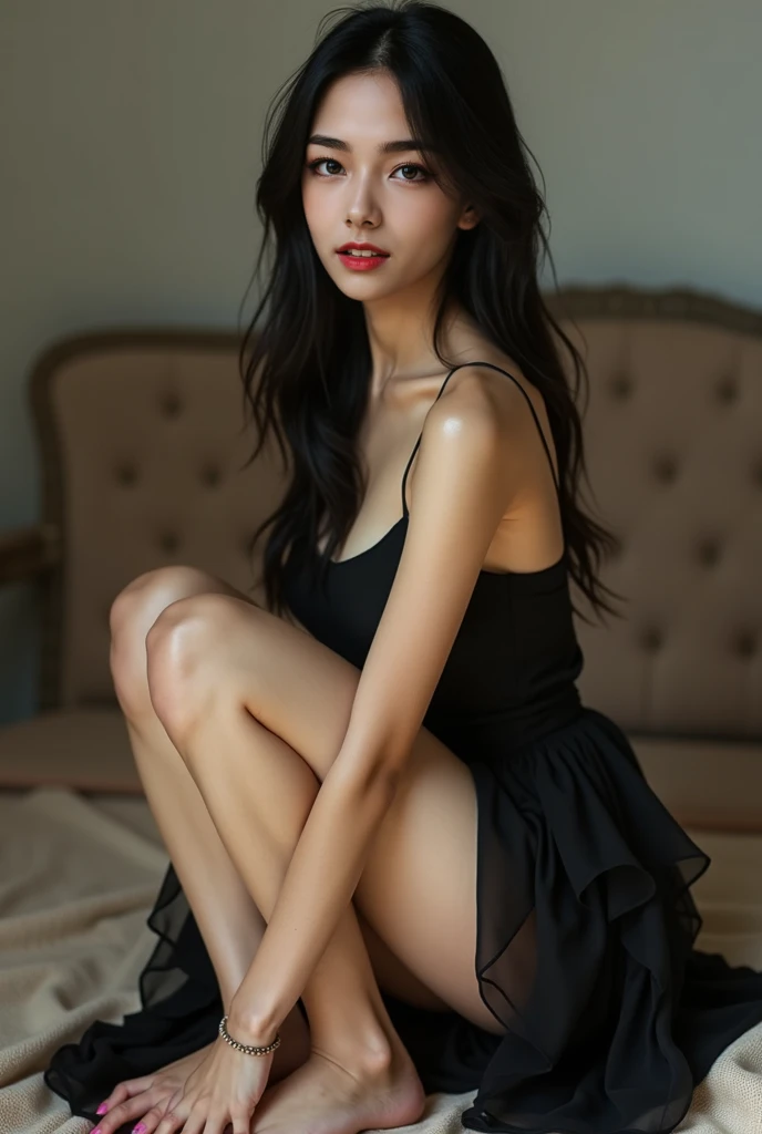 (best quality,realistic,ultra-detailed),a two sexy and slim 18-year-old French brunette woman in black short sleeve nightdress, visible legs, sur un lit