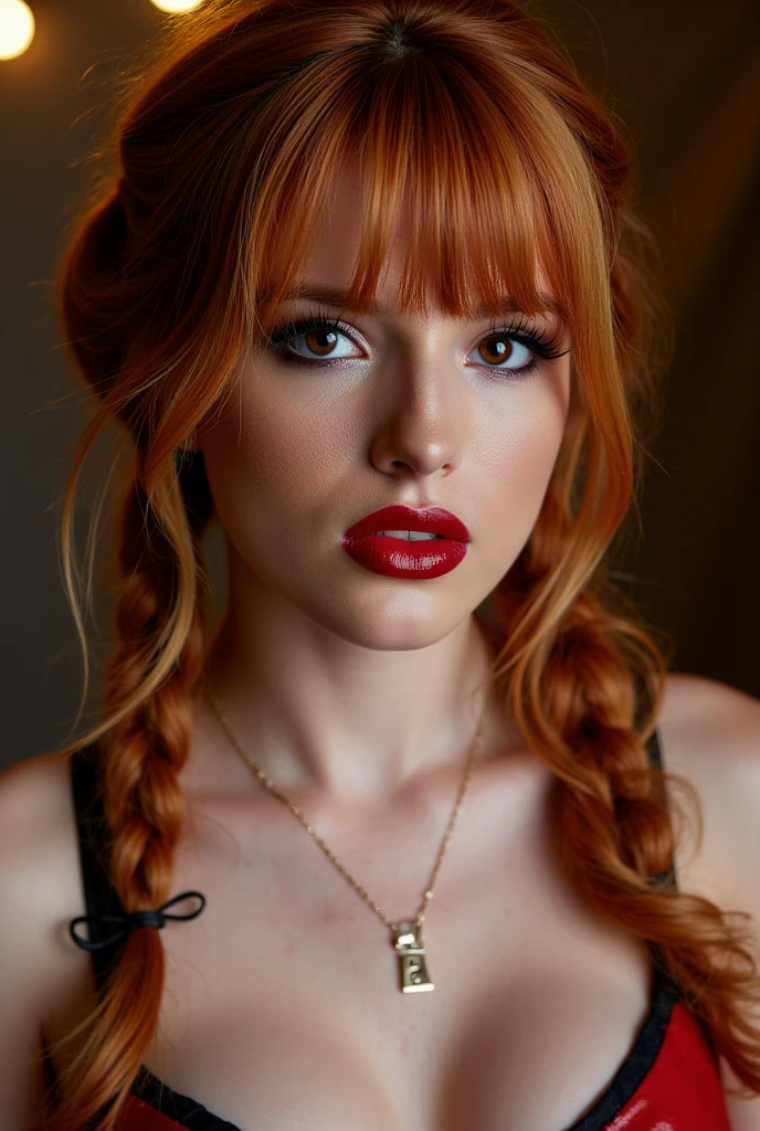 Beautiful girl, red lip gloss, eyeliner flicks, red lip gloss, sexy, latex schoolgirl outfit, body oil, extreme make up, red hair in pigtails,  dark red lip gloss, shiny lips, reflective lips