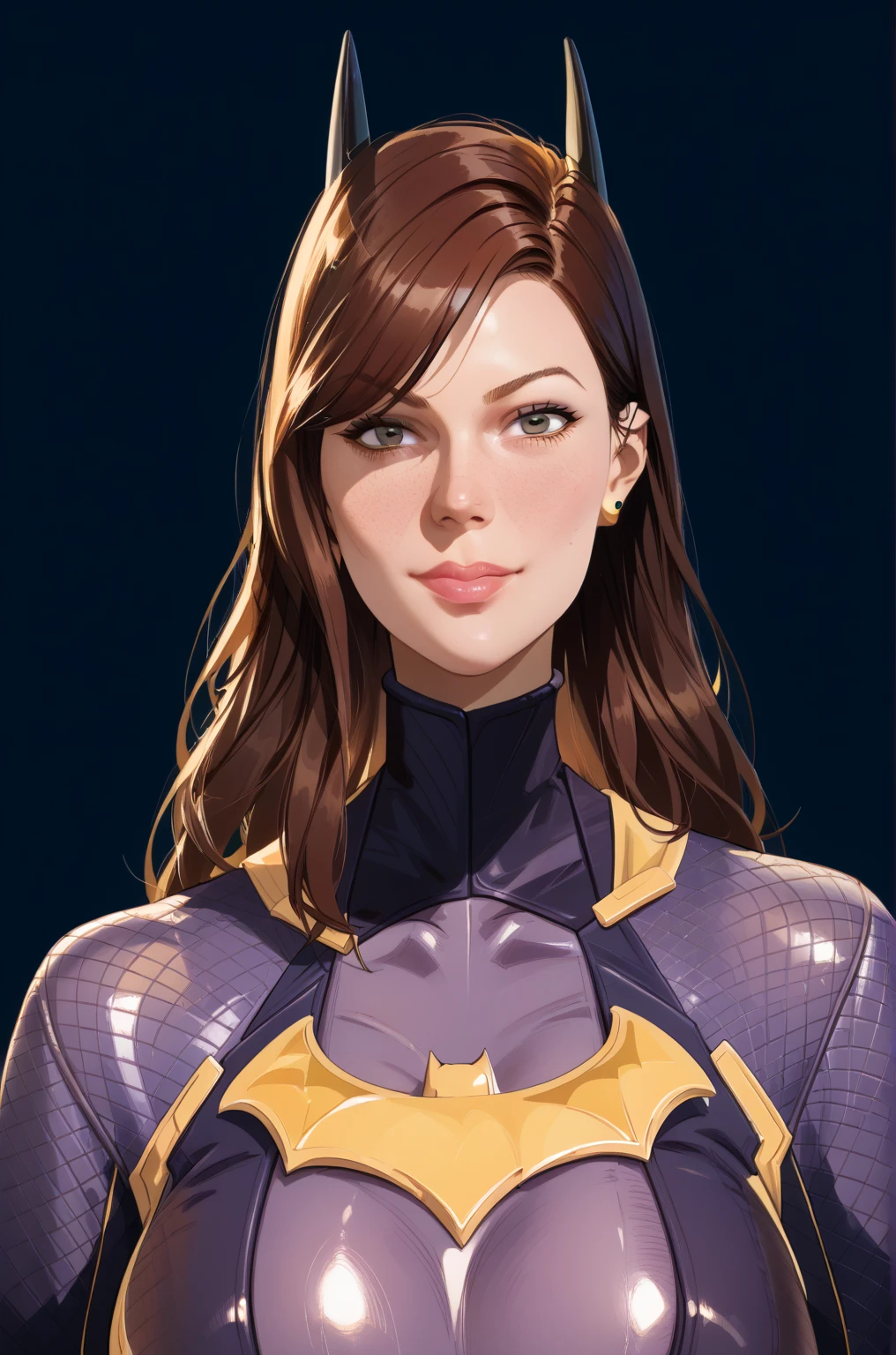 ((masterpiece)), (( top quality)), ( Portrait of a beautiful girl), Batgirl, Big breasted, beautiful woman, High quality sexy body .