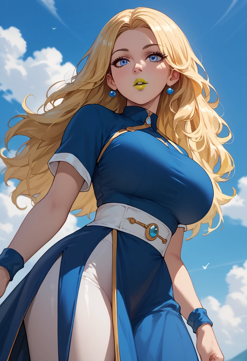 woman, blue eyes, white skin, blonde hair, yellow lipstick, big breasts, anime style, thin waist, blue clothes