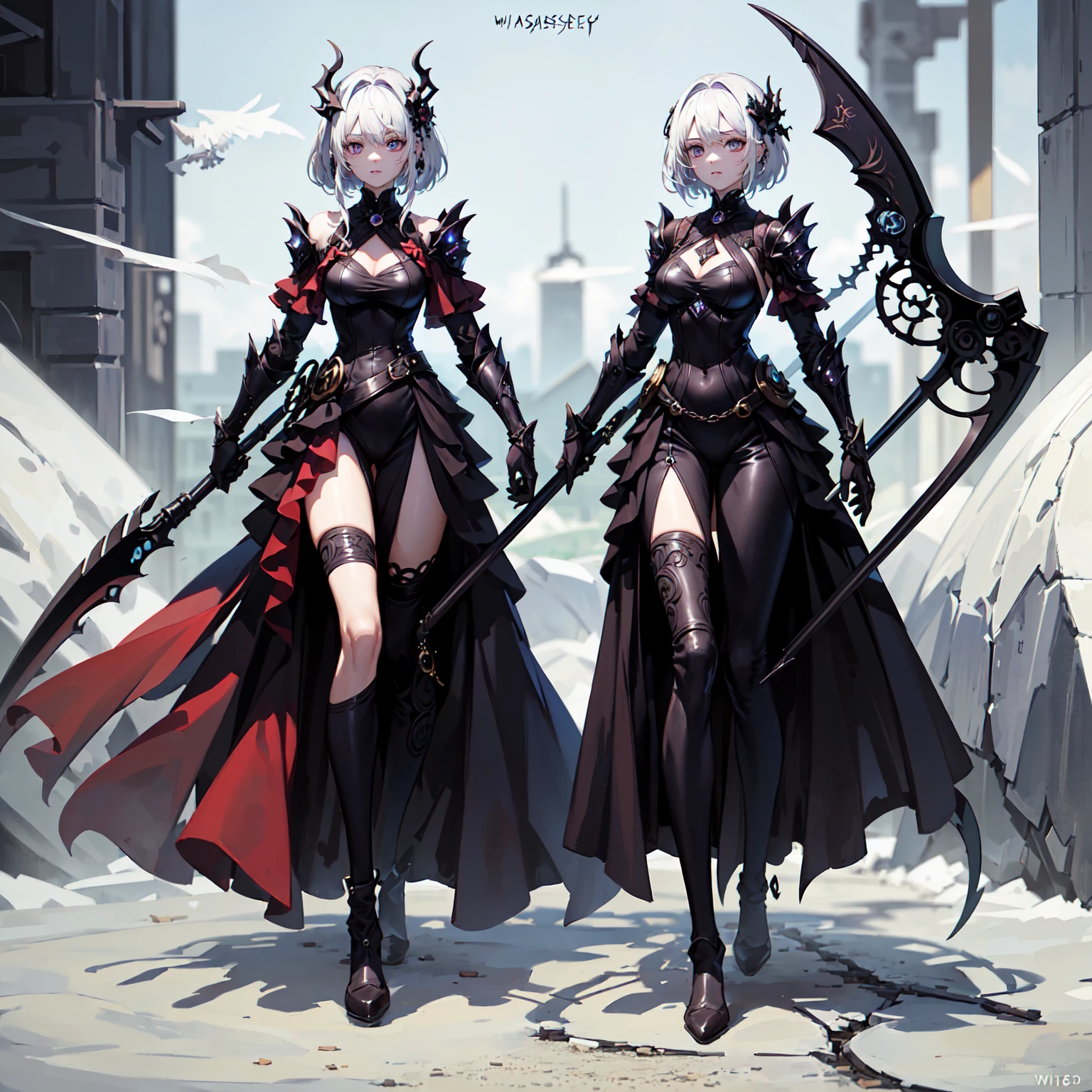 (((Masterpiece, best quality, 16k))) female character with long white hair and piercing red eyes. She wears a demonic armor in purple, black, and white, and wields a large, stylized scythe. The character has a menacing expression, with a chaotic environment as the background. (((detailed character sheet, full body front view, side view, three-quarter view, close-up views of armor details, weapon, and facial features))). ((slender)), (busty), (extremely detailed:1.5), (long white hair:1.2), (piercing red eyes:1.2), (chaotic environment:1.1), (demonic armor:1.3), (stylized scythe:1.3).