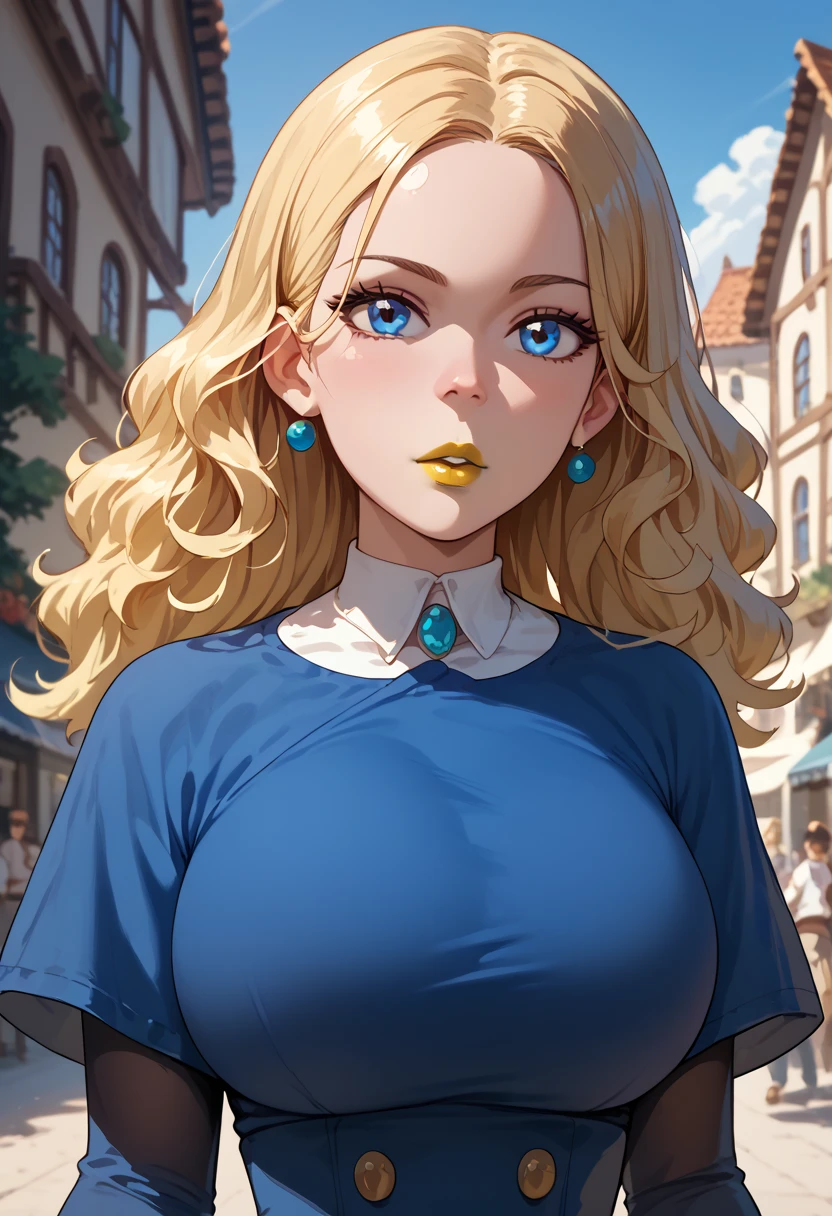 woman, blue eyes, white skin, blonde hair, yellow lipstick, big breasts, anime style, thin waist, blue clothes