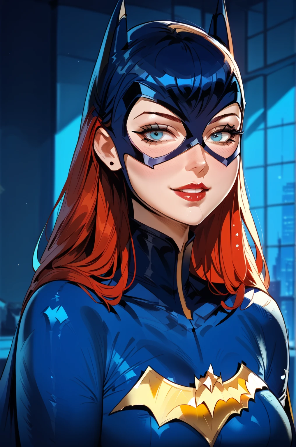 ((masterpiece)), (( top quality)), ( Portrait of a beautiful girl), Batgirl, Big breasted,  beautiful woman,  High quality sexy body .