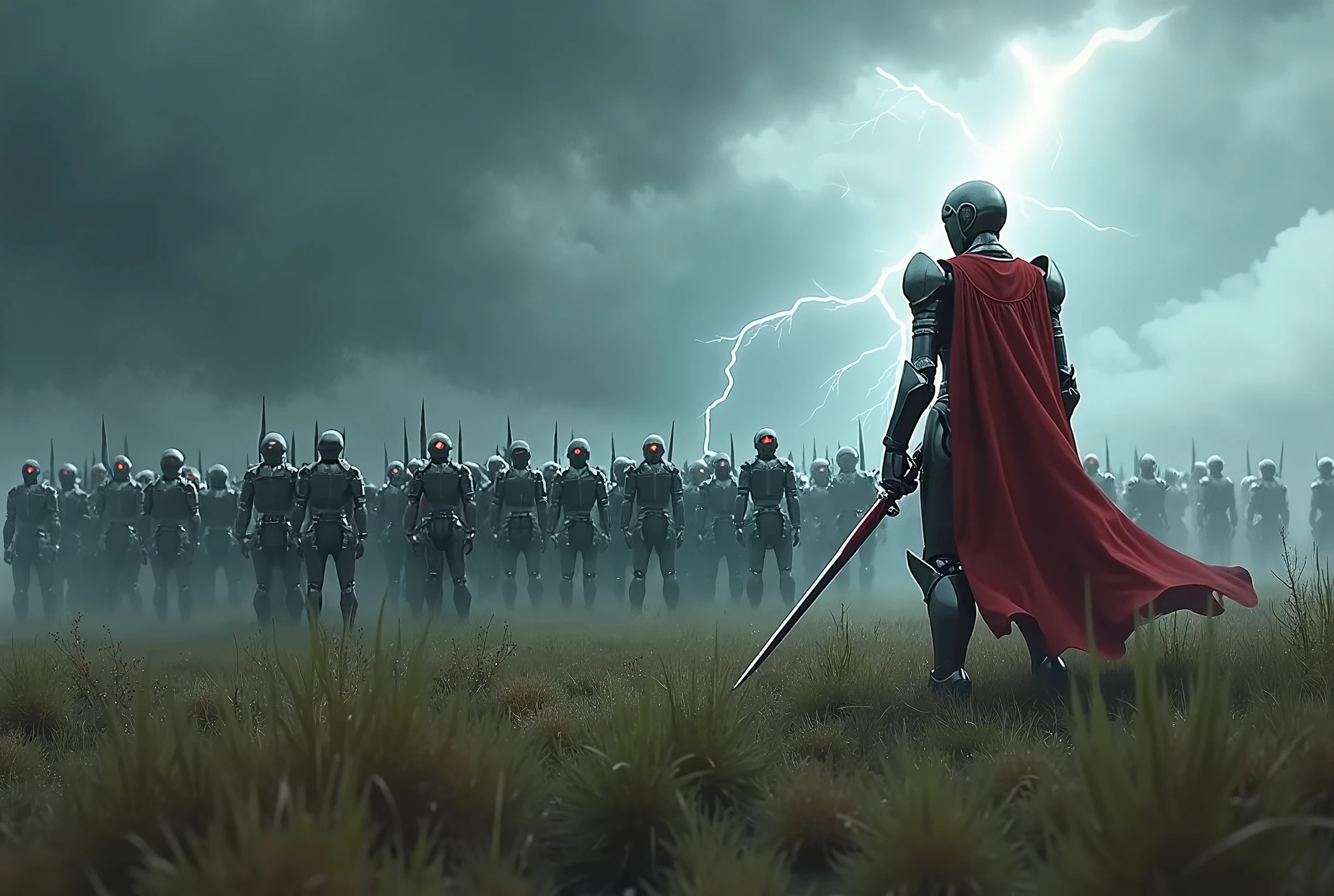 Lot of 1000 knight Androids assemble, readying for sword action, large background, thunder, storm, clouds, strong wind, grass, only leader android is red,