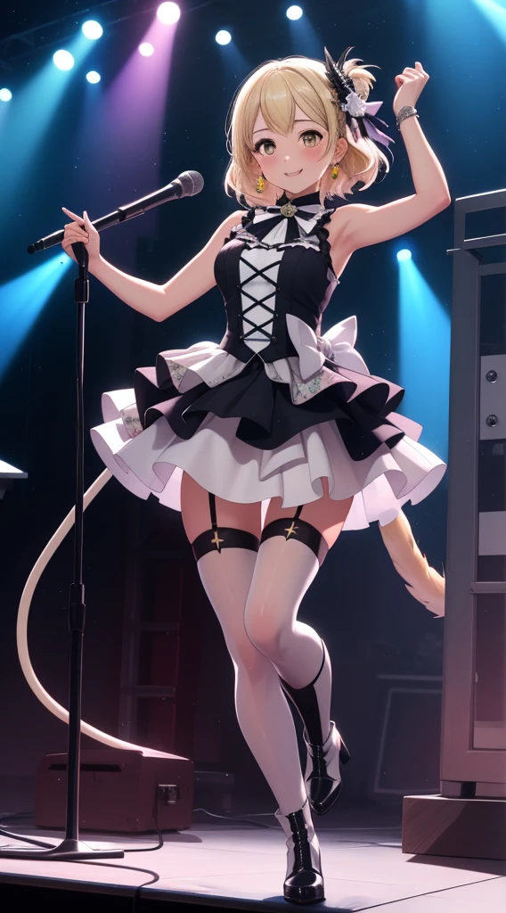 masterpiece, best quality, highly detailed, ultra high res, aichan, large breasts, 1girl, light smile, glossy lips, sleeveless idol dress, very puffy skirt, flared skirt, thigh highs, heeled boots, full body, outside