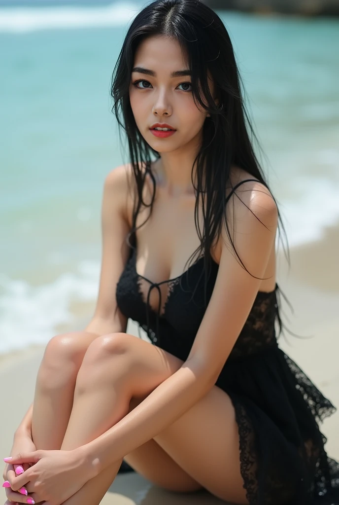 Photo-realistic quality、She wore a sheer black lace dress on the beach.20Japan Female, Young and cute gravure idol, Japanese Model, Posing on the beach, realistic Young Gravure Idol, Young Gravure Idol、 Young Sensual Gravure Idol, Cute Core、looking at the camera、Detailed and beautiful eyes、soft and gentle expression、Smiling Kindly