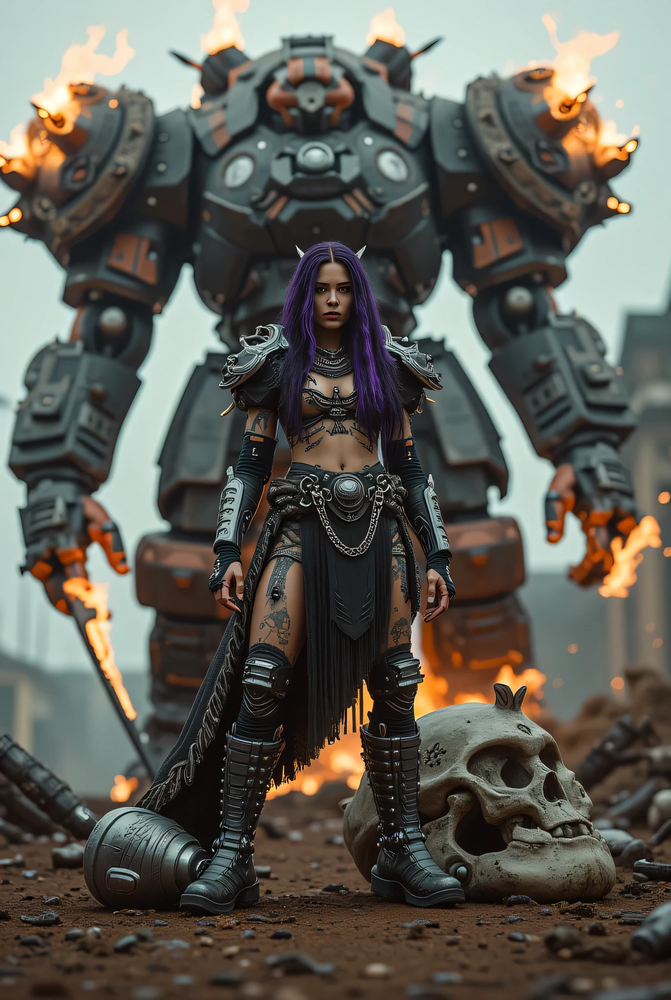  Realistic High resolution photograph using rule of thirds , artistic front photograph of  (( naked of a young woman ))  Mexican Latin motifs of incomparable beauty  , Gothic lace and leather and parts of robotic armor  , with chains,  Peaks and Many Jewels , silver jewelry ,  hair with dark dreadlocks and purple tips ,  long legs , tattooed with Aztec ; She in attack pose seen 3 / 4 stepping on the bony skull of an imposing and giant Quetzalcoatl . Behind her huge mecha robot inspired by  ((  warrior Tolteca Atlante de Tula  ))  angular shapes in an attack pose as guardian and raising their hand with the macahutl with fire similar to a Xihucoatl, rusty black and gray metallic armor ,  intricate Toltec and Aztec decoration , with lights, (with a lot of damage to armor ),  chains cables and loose pistons , destroyed parts , battle damage, (( with smoke and fire emanating from the body )), with weapons,  chimalli and macahuitl on her hands  ,  Feather helmet ,  Toltec and Aztec ornaments  .  In a background of destroyed apocalyptic Tenochtitlán and Aztec pyramids , Fire and burning torches and spears crossing the sky . Robot Mecha Atlante  .  At night illuminated by fire and torches , gloomy and gloomy atmosphere . Battle damage in armor and smoke .