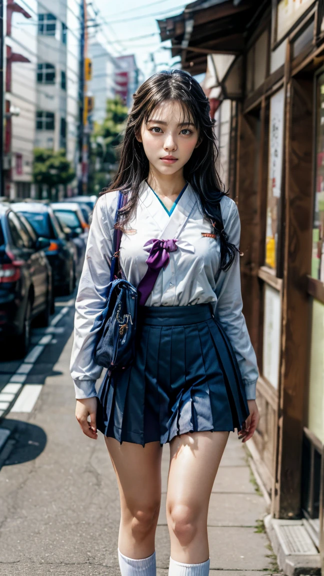 a beautiful 18 year old Japanese high school girl with perfect anatomy, healthy thighs, beautiful legs, beautiful skin, random hair color and style, large breasts, (wearing a Japanese schoolgirl uniform:1.3), (she is standing:1.2), penny loafers, holding a student bag, full body shot, standing on a city street, (best quality,4k,8k,highres,masterpiece:1.3),(extremely detailed:1.2), photorealistic, ultra-detailed, vivid colors, studio lighting, professional