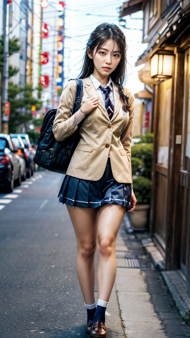 a beautiful 18 year old Japanese high school girl with perfect anatomy, healthy thighs, beautiful legs, beautiful skin, random hair color and style, large breasts, (wearing a Japanese schoolgirl uniform:1.3), (she is standing:1.2), penny loafers, holding a student bag, full body shot, standing on a city street, (best quality,4k,8k,highres,masterpiece:1.3),(extremely detailed:1.2), photorealistic, ultra-detailed, vivid colors, studio lighting, professional