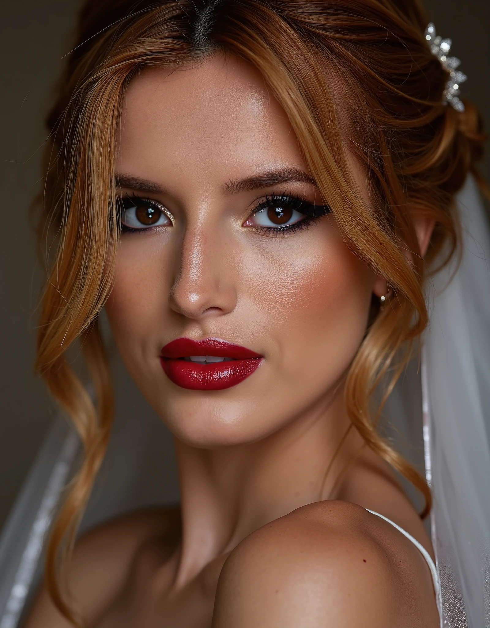 cute portrait of woman on her wedding day, latex wedding dress, red lip gloss, thick eyeliner flicks, latex outfit, latex, shiny, eye contact, full lips, lip fillers, dark red lip gloss, shiny lips, 