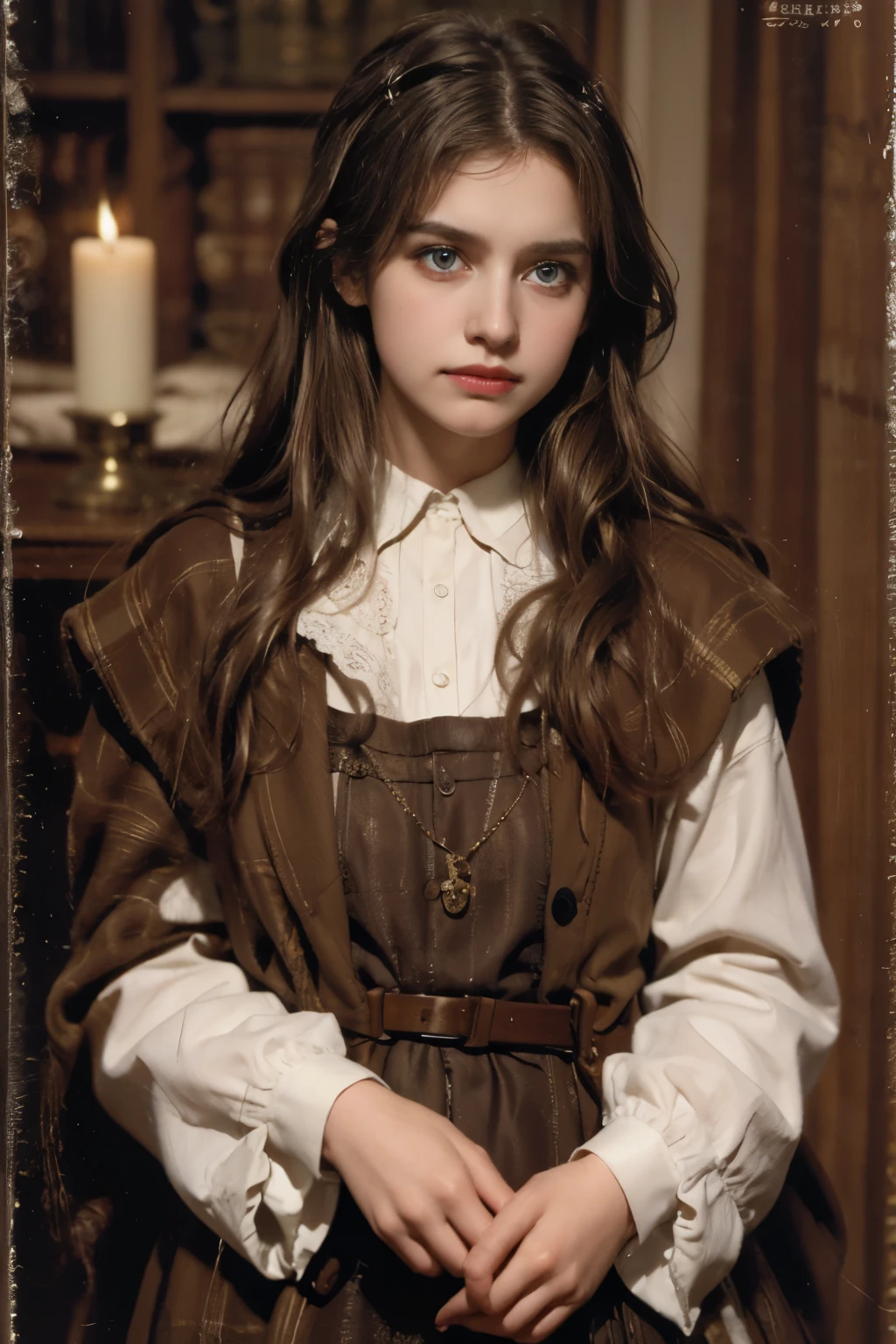 A dark night in 1887. Virginia Otis, a girl with bright blonde hair that falls in soft curls to her shoulders and deep, searching blue eyes, stands in the Red Room of Canterville Castle. The typically Victorian room is adorned with heavy dark red curtains, intricate carpets, and carved wooden furniture. The air is heavy and charged with an eerie energy, and the dim glow of candles casts ghostly shadows on the walls covered with ancient tapestries.
Suddenly, an inexplicable chill envelops the room, and Virginia feels a shiver down her spine. Before her appears the Canterville Ghost. An old man, half dead, his gray, withered skin clinging tightly to his bones. His eyes are sunken and shine with an eerie light, while his white, disheveled hair falls in messy locks over his forehead. He wears worn, torn, and stained Victorian clothes, once rich but now in tatters.
Virginia, despite her fear, feels a strange compassion for the ghost. His presence emanates a deep sadness, an unspeakable suffering that transcends the terror of the apparition. With unexpected courage, Virginia slowly advances towards him, determined to discover the reason for his torment.