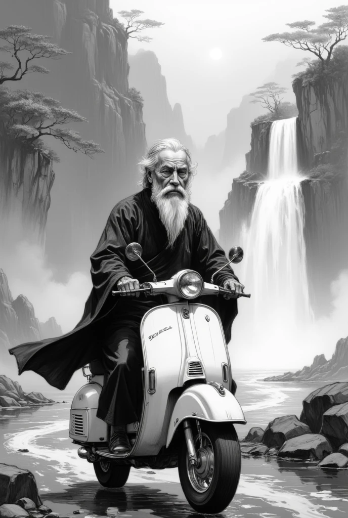 monochrome, long shot, An old Chinese hermit is riding a Vespa 150vl1t1955、One person、Vision、waterfall